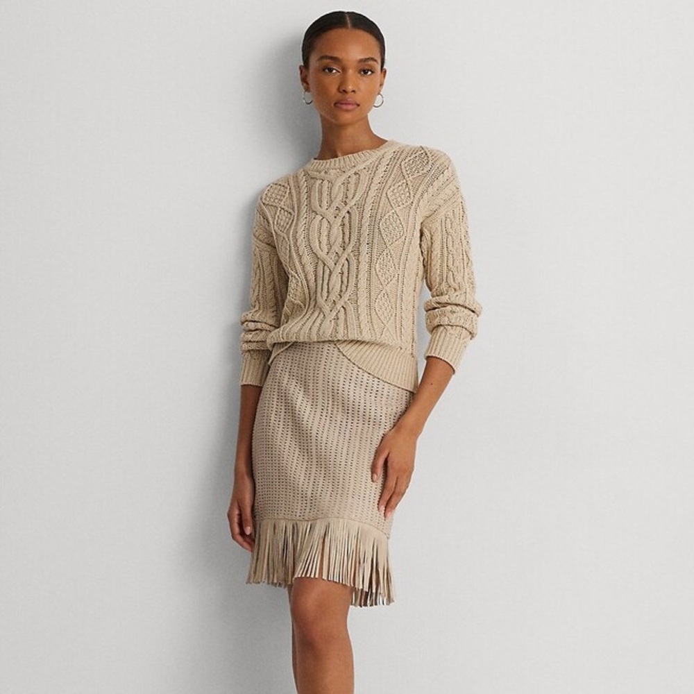 New Ralph Lauren Fringe-Trim Woven Leather Pencil Skirt $595